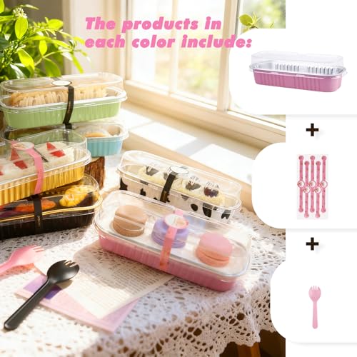 24 Pack Mini Loaf Pans, 7.5oz Mini Cake Pan & Mini Cupcake Pan Set – Disposable Aluminum Baking Pans with Lids, Spoons & Stickers, Premium Sturdy Gift Set for Cakes, Cupcakes, Desserts & Party Treats - color: Pink