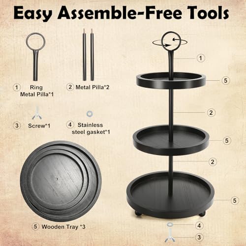 SYNCVIBE Wooden Farmhouse Round Black 3 Tiered Decorative Tray Stand - color: black