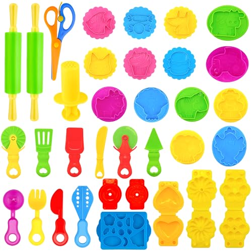 Dough Tools Play for Kids,33 PCS Dough Tool Set Includes Rolling Pins,Safety Scissors,Extruder,Kitchen Creative Tools and Molds - style: 33pcs