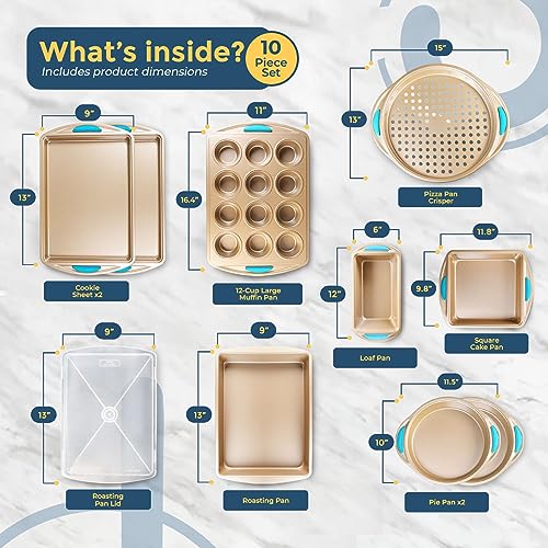 Perlli Baking Kit: Nonstick Gold Steel Oven Set - 10 Pieces, Cookie Sheets, Cake Pans, 9x13Pan with Lid, Loaf & Deep Pans, Pizza Crisper, Muffin Pan - Silicone Handles - color: Blue, size: 10 Piece