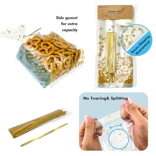 EKAPACKAGING 50 Pcs 4 X 9.5 Inches Star Print Goodie Bags Cellophane Gift Bags For Party Favors With Ties - color: Star