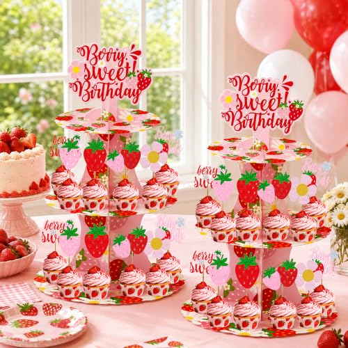 Berry Sweet Birthday Cupcake Stand Set, 12 Glitter Cupcake Toppers