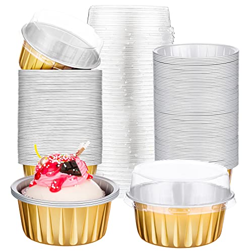 200 Pack Aluminum Cupcake Liners with Lids,Gold,Plain - color: Gold, style: Plain