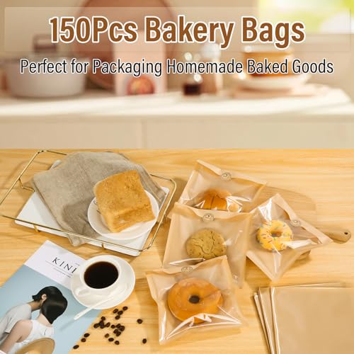 150 Pack Bakery Bags with Window, 7.5 x 7.1 Inches, Sublaga Paper Sandwich Bags, Donut Bags To Go, Bakery Paper Bags for Treat, Snack, Cookie Waffle Cake Packaging - color: Brown
