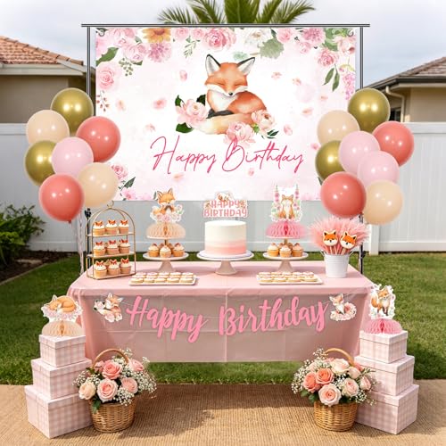 Pink Floral Fox Birthday Party Decorations Kit