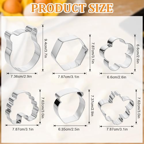 Thinp 6 Pack Bee Cookie Cutter Set-Pooh Bear,Bee,Beehive,Hexagon Honeycomb,Flower and Honey Jar Stainless Steel Cookie Cutters for Honey Bee Party Baking Muffins Decoration Holiday Bakeware
