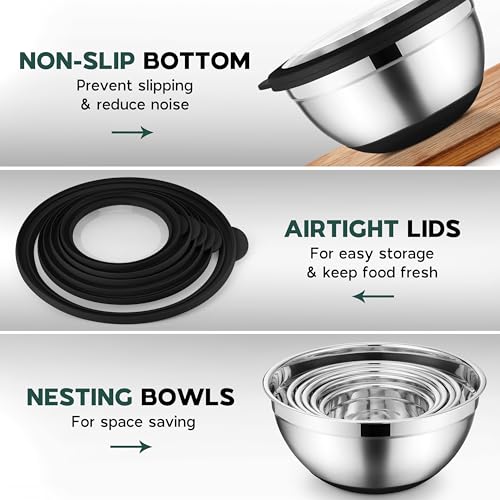 Onader Mixing Bowls with Lids Set of 6 for Kitchen, Stainless Steel Metal Nesting Bowls with Non-Slip Bottom Black - Size 1, 1.5, 2, 2.6, 3.5, 7QT - color: Black