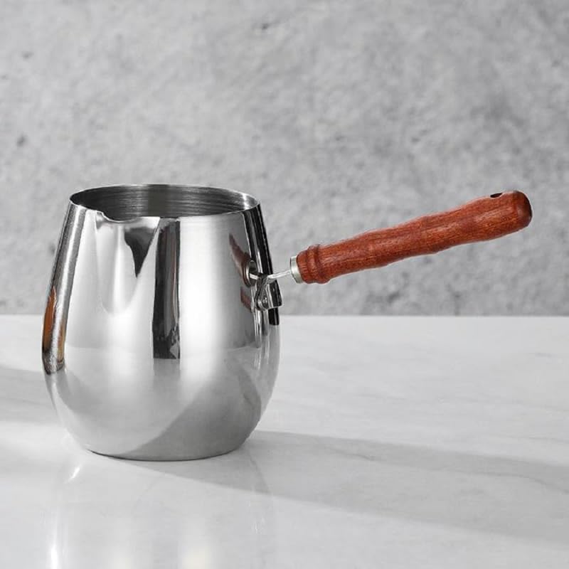 Turkish Coffee Pot 14oz/420ml with Wooden Handle, 18/8 Stainless Steel, Cezve Ibrik Briki Stovetop Warmer for Milk Butter Chocolate Melting, Greek Arabic Coffee Maker, Maple Syrup & Sauce Heating Pan - size: 0.4 Quarts