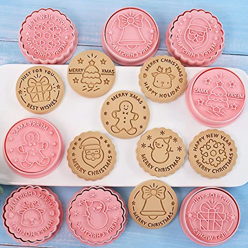 8 Pieces Round Christmas Cookie Cutter Cookie Moulds For Baking Cookie Mould Press Christmas Cookie Mould Set Kitchen Tools Plastic Cookie Stamps (Christmas B)