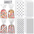 Aodaer 100 Pieces 10.6 x 5.1 In Silver Cellophane Bags Plastic Candy Gift Bags Cellophane Treat Bag with Twist Ties Stripes Polka Dot Printed Pattern Goodie Bag for Birthday Weddings Party Favors - color: Silver
