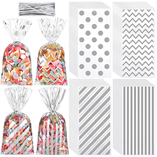 Aodaer 100 Pieces 10.6 x 5.1 In Silver Cellophane Bags Plastic Candy Gift Bags Cellophane Treat Bag with Twist Ties Stripes Polka Dot Printed Pattern Goodie Bag for Birthday Weddings Party Favors - color: Silver