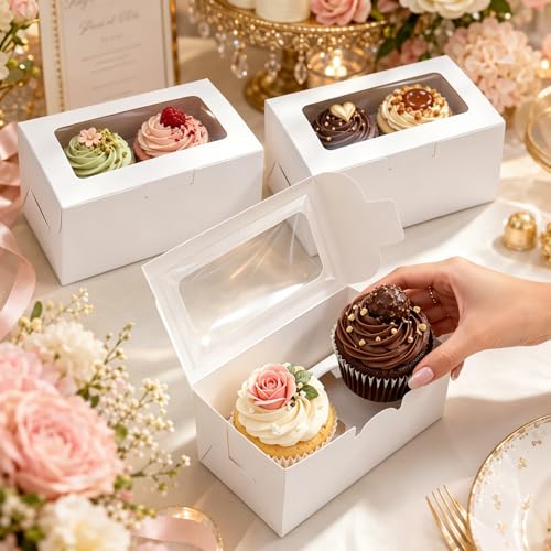 100 Pack 2 Count Cupcake Boxes, Portable Bakery Cake Carriers