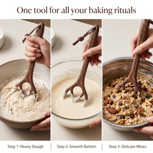 Premium Walnut Danish Dough Whisk, 12 Inch Solid Wooden Dough Whisk for Sourdough Whisk, Handheld Bread Whisk for Baking, Heavy Duty Pastry Batter Mixer Tool