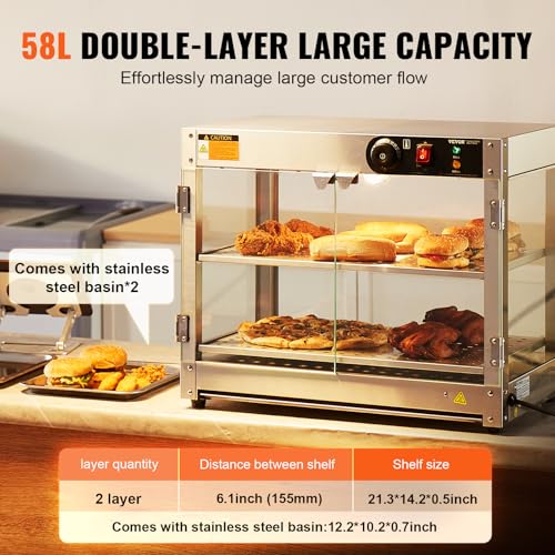 VEVOR 2-Tier Commercial Food Warmer Display, 800W Food Display Warmer with Light to Enhance Food Display, 86℉~185℉ Temperature Control, 58L Large Capacity for Hamburger, Pizza, Bread, Fried Chicken - size: 2-Tier-61Qt