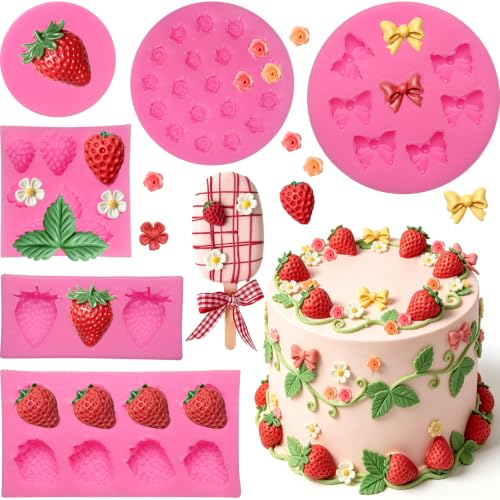 6 Pcs Strawberry Chocolate Molds Silicone, 3D Strawberry Fondant Mold - color: 6 Pcs Strawberry & Mini Rose & Bow, Pink