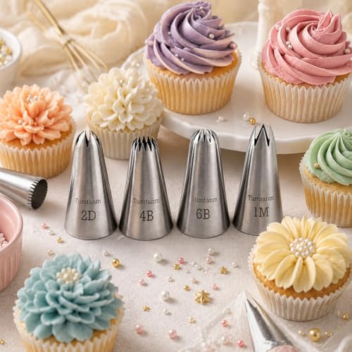#1M #2D #4B #6B Large Piping Nozzles, 4 pcs Stainless Steel Seamless Icing Piping Tips Set for Cupcakes and Baking