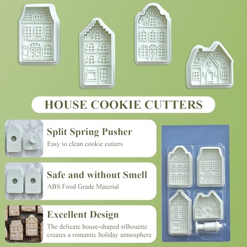 Tiny Gingerbread House Cookie Cutters, Real Estate Cookie Cutters with Split Spring Pusher, House Biscuit Mold for DIY Chirstmas Day Holiday Party Decorations - Set of 4 - color: House Cookie Cutter