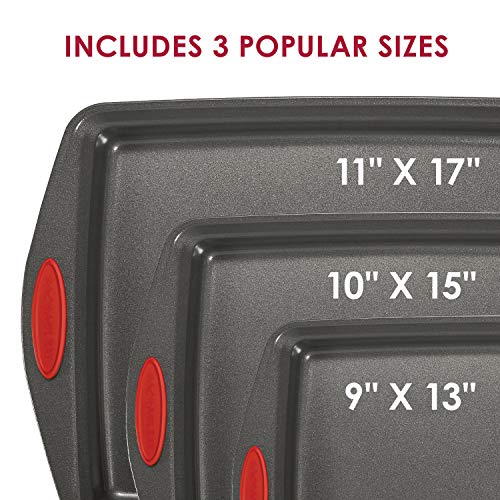 Rachael Ray Bakeware Nonstick Cookie Pan Set, 3-Piece, Gray with Red Grips - color: Red Grips