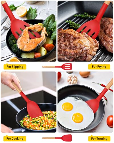 BUNDLEPRO Silicone Spatula, Solid & Slotted Turner, BPA-Free, 2 Pack, Red - color: Red
