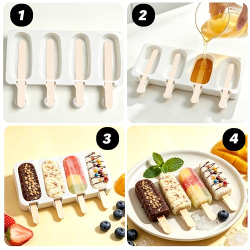 Silicone Popsicle Molds, 2 Pcs White Popsicles Molds, 4 Cavities Ice Cream Mold with 50 Wooden Sticks for Making Cakesicles Fudgesicle Candy DIY Cake Ice Pop Summer Party Supplies - color: White