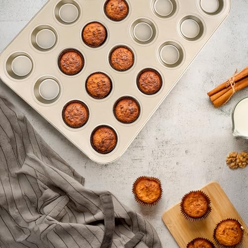 Beasea Nonstick Mini Muffin Pan 24 Cups, 2 Pack 24 Mini Small Tiny Cup Non Stick Muffin Baking Pan Tin Tray Carbon Steel Bakeware Individual Cupcake Baking Pan - Gold - color: Gold Muffin Mini 24 Cup