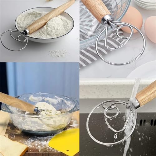Danish Dough Whisk with Dough Scraper Dutch Bread Whisk Bread Mixer 10" Stainless Steel Dutch Bread Dough Whisk with Wooden Handle Dutch Whisk Baking Tools for Sourdough, Pizza, Pastry, Cake