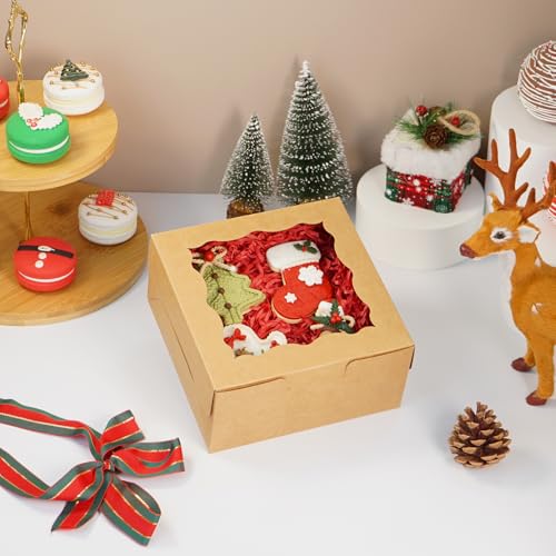 50pcs Cookie Boxes 5x5x2.5 Inch Bakery Boxes with Window Treat Box - color: Brown
