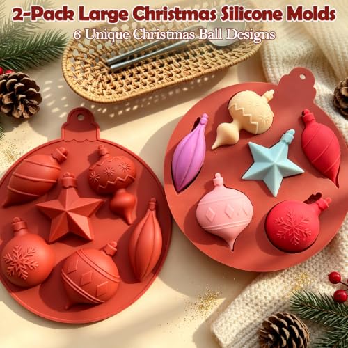 2‑Pack Christmas Bell Silicone Molds, 6 Cavities Christmas Snowflake Star Bell Soap Molds for Chocolate Cake Jello Christmas Tree Hanging Decor Plaster Cookie Xmas Holiday DIY Craft - color: Brick Red