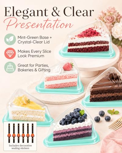 50 Pack Cake Slice Containers with Pink Base & Clear Lids - Disposable Triangle Cheesecake Boxes for Pie, Dessert, Pastry - Individual Plastic Slice Holders with Stickers (Green) - color: Green