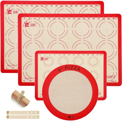 GUANCI Silicone Baking Mat Set of 4, 2 Medium 16.5"x11.6", 1 Small 11.8"x8.4", 1 Piece 9" Round, All Mats 0.7mm Thick, Food Grade Non-Stick Reusable Baking Mats for Pizza, Bread, Pastry, Macarons - color: B-4Red