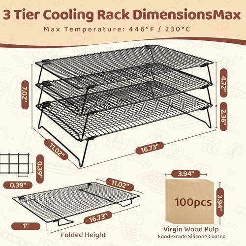 3 Tier 17" x 11" Cooling Rack for Cooking and Baking w/100 Papers