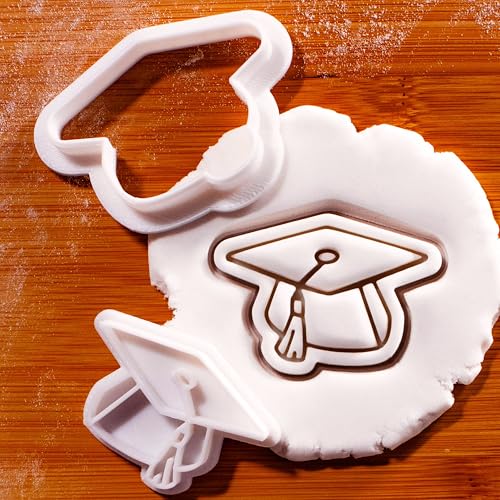 BAKERLOGY Graduation Hat Mini Cookie Cutter and Stamp Set – Cap Fondant Embosser, Graduation Party Cupcake Topper Mold for School, College & University Celebration Baking
