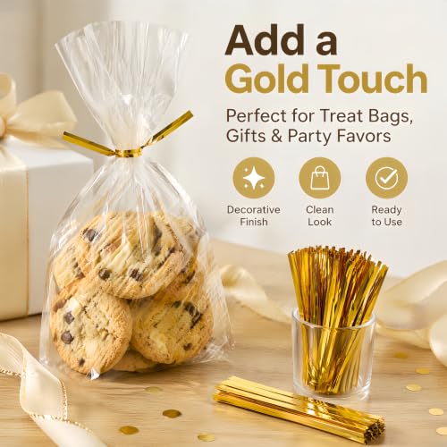 800 Pcs 3.94" Gold Metallic Twist Ties - Reusable, Perfect for Plastic & Cellophane Bags, Bread, Candy & Treat, Party Gift Wraps
