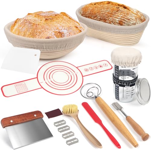 Banneton Bread Proofing Basket Set, 11 Inch Sourdough Proofing Basket and Bread Baking Supplies-Bread Lame, Danish Whisk, Bowl & Dough Scraper, Brush, (Rattan, 10in Round +10in Oval+1 Set Jar Kit) - size: Rattan, 10in Round +10in Oval+1 Set Jar Kit