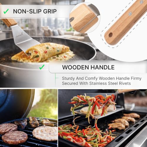 Stainless Steel Metal Griddle 4 x 8 inch Spatula - Spatula Hamburger Turner Scraper - Pancake Flipper - Great for BBQ Grill and Flat Top Griddle - Commercial Grade - color: Wooden handle turner