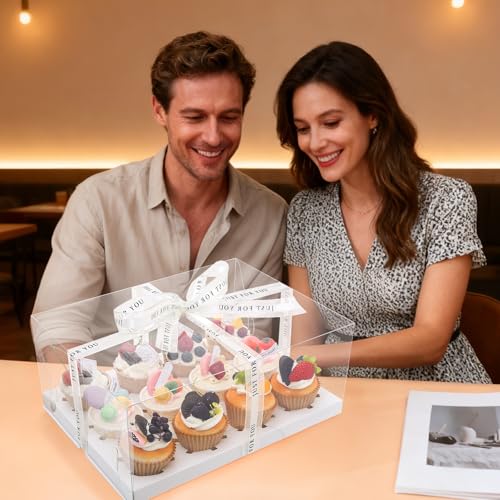 5 Pcs clear cupcake boxes with gift ribbon, 12 count cupcake container, plastic cupcake tray, suitable for desserts, cookies, muffins for Easter and Mother's Day.(White, 12 Counts/5 pcs) - size: 12 Counts/5 pcs