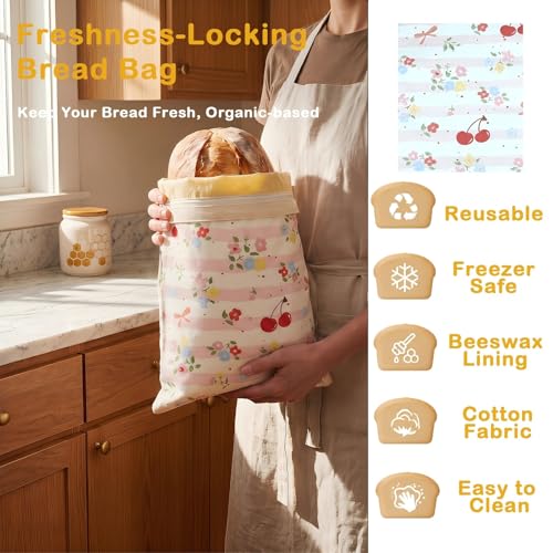 Reusable Beeswax Bread Bags for Homemade Bread Sourdough, Organic Cotton Bread Storage Bags with Zipper, 2 Pack 17x13" Pink - color: Pink & Pink