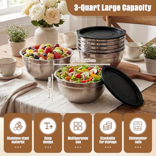 Geetery 6 Pack Stainless Steel Mixing Bowls with Airtight Lids 3qt Metal Mixing Bowl Thicker Stainless Steel Salad Bowls for Food Prep, Baking, Storage, Cooking, Serving Dishwasher Safe - color: Black Lid