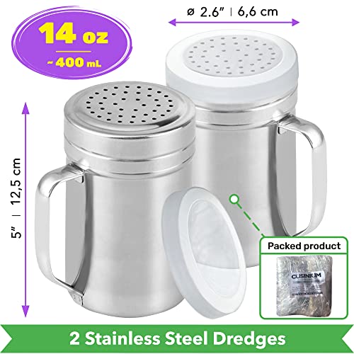 CUSINIUM Large Metal Salt Pepper Cooking Dredge Shakers - With Handle - Seasonings Spice Shakers With Holes and Lids - 14 Ounce, 2pcs | Style: Medium - color: Silver, size: 14 Oz