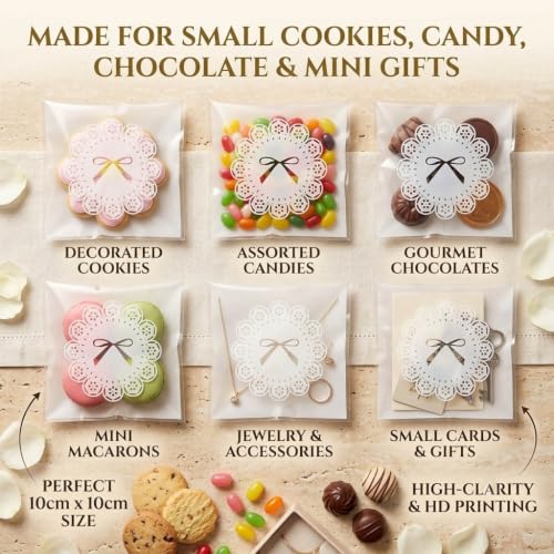 100 PCS Self Sealing Cookie Bags, Lace Bow, 4 x 4 Inch with 108 Stickers