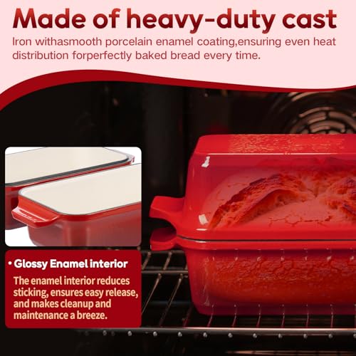 Enameled Cast Iron Dutch Oven for Sourdough Bread Baking, 9×5 Dutch Oven Pot with Lid, 2 in 1 Bread Pans with Lid for Baking, Roasting & Braising, Easy Release, Oven & Induction Safe (4.2 QT,Red) - color: Red