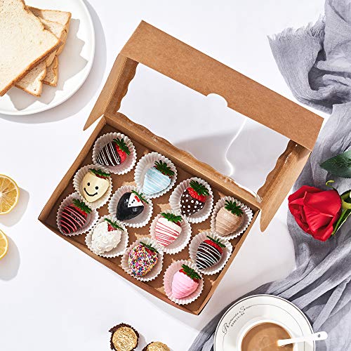 24PCS 10 x 7 x 2.5 inches Brown Strawberries Boxes with Display Window, Sweet Treat Boxes for Cookies, Donuts, Macarons, Muffins& Hot Coca Bombs, Perfect for Any Celebration - color: Brown