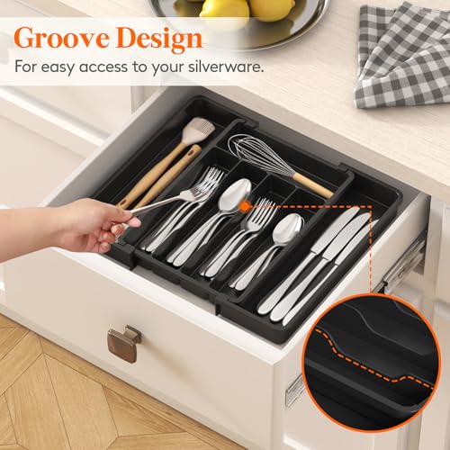 Lifewit Expandable Silverware Drawer Organizer, Kitchen Utensil Tray - color: Black, size: Medium(8-13.8''W x 11.2''D)