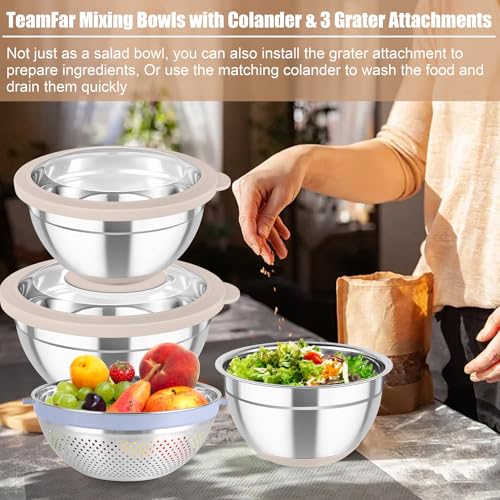 TeamFar Mixing Bowls with Colander, Stainless Steel Salad Bowls, Khaki - color: Khaki