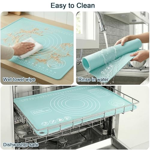 Silicone Pastry Mat 28" x 20" Extra Thick Silicone Baking Mat with Measurements and Edge Heightening Non-stick Food Grade Dough Rolling Mat Kneading Sheet for Pastry, Bread, Cookies (Mint Green) - color: Mint Green