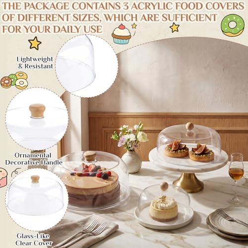 Novabright 3 Pcs Cake Dome, 7" 9" 11" Clear Acrylic Wood Handle Cover