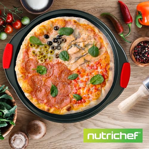 Nutrichef Non-Stick Pizza Tray with Silicone Handles, 6-Pack Round Steel Non-Stick Pans with Perforated Holes, Premium Bakeware, Pizza Trays with Silicone and Oversized Handles, Dishwasher Safe - size: 6 Piece