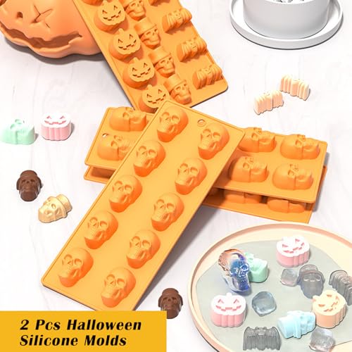 2 Pcs Halloween Silicone Molds, Halloween Pumpkin Bat Skull Shape Chocolate Molds for DIY Halloween Cupcake Candy Baking Molds - color: Halloween Molds