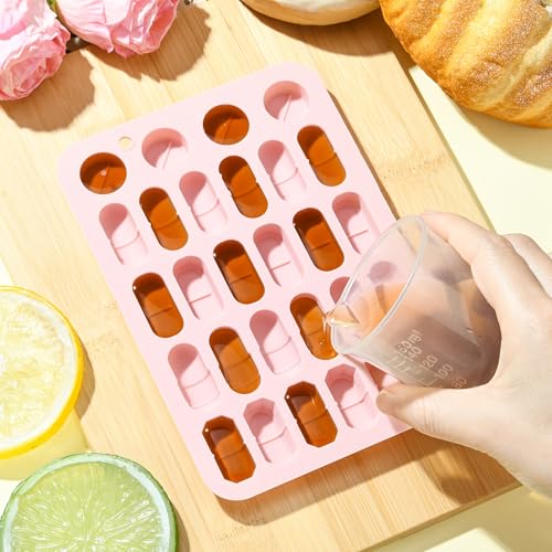 2 Pcs Silicone Molds for Pills, 28 Cavity Capsule Shaped Molds Trays for DIY Chocolate, Candy, Ice Cube, Gummy, Jello, Jelly, Cupcake Decorations, Candles, Soaps