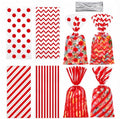 Capesaro 50 Pieces 10.6 x 5.1 In Red Cellophane Treat Bags Candy Gift Bag with Twist Ties Stripes Polka Dot Printed Pattern Goodie Bag for Birthday Weddings Party - color: Red-10.8'' x 5''